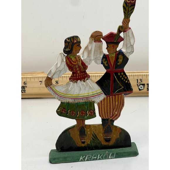 Vintage Krakow Polish Folk Dancers Hand Painted Wooden Figurine Black Brown - Picture 2 of 4
